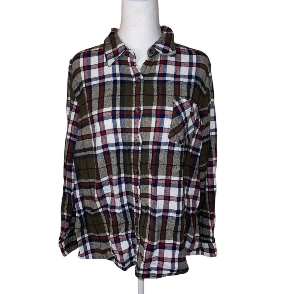 Olive Green and White 100% Cotton Plaid Button-Up Shirt Sz XL